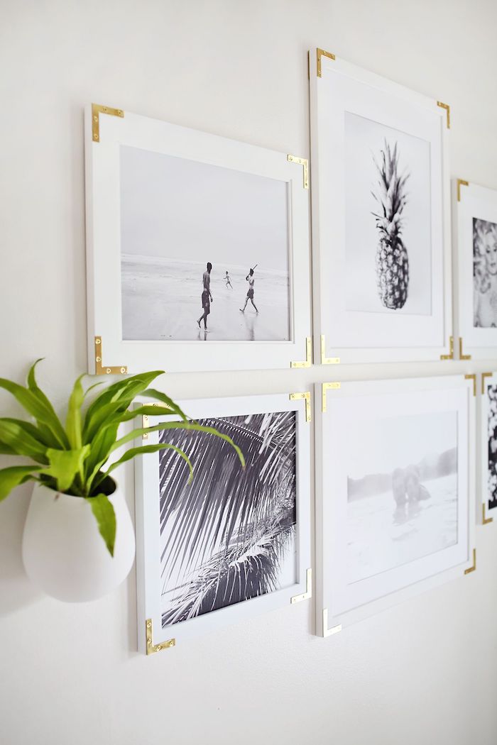 Ideen für ausgefallene Wanddekoration, weiße Bilderrahmen mit goldenen Ecken, grüne Pflanze in weißem Blumentopf 