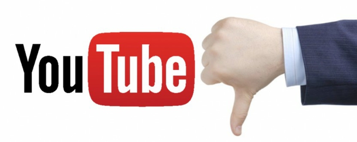 ein Daumen unter für Youtube Dislike Taste, das Logo von YouTube in roter, weißer und schwarzer Farbe