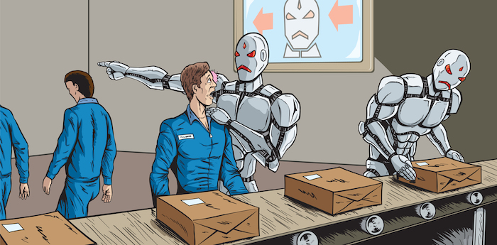 oecd, drei männer und zwei große graue roboter, die ihre jobs übernehmen, zwei große graue roboter mit großen roten augen