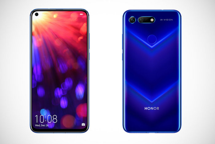 das blaue beue honor view 20 smartphone mit einem großen bunten display mit einer kleinen schwarzen frontkamera in der oberen linken ecke