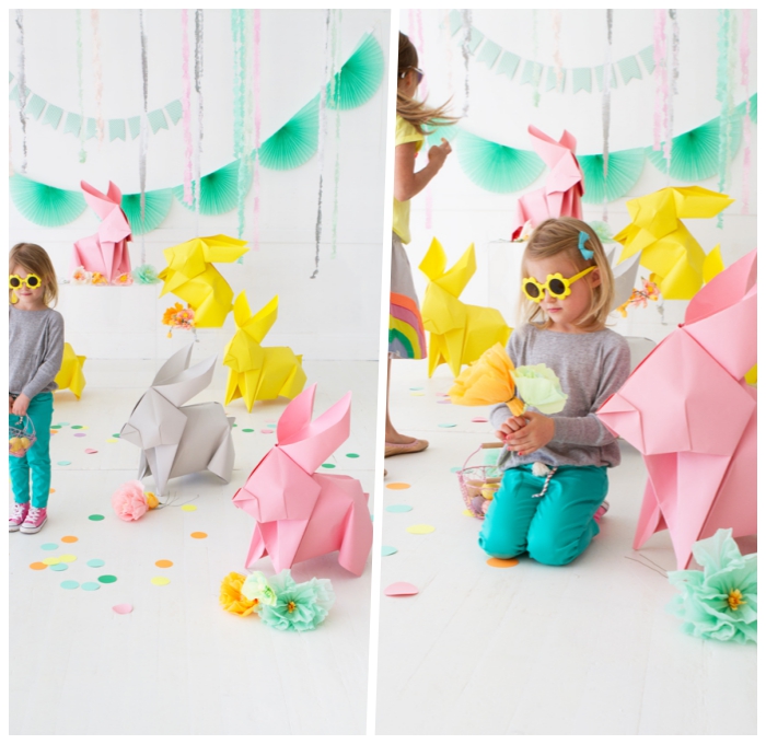 basteln mit kindern frühling, große origami osterhasen, hasen aus papier, kleid mädchen
