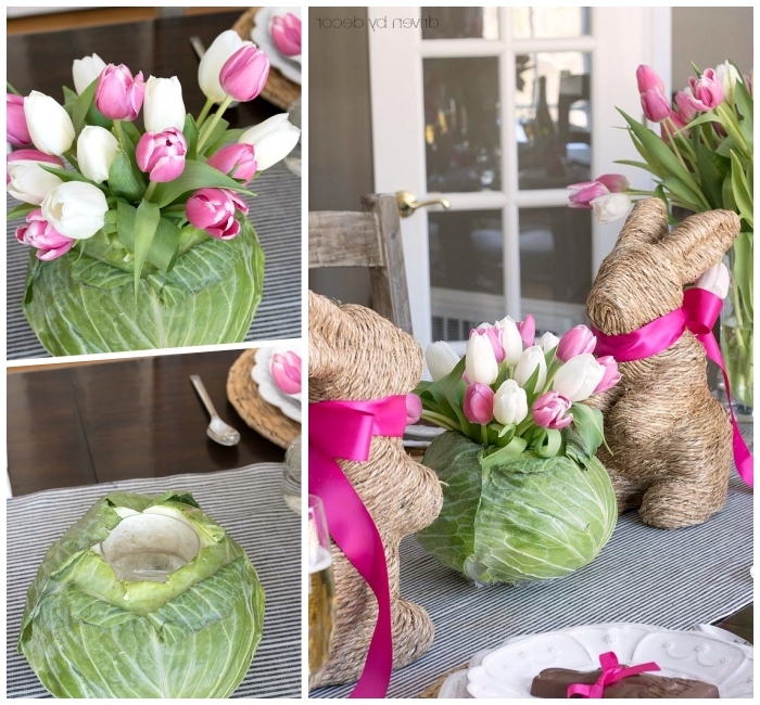 deko ideen selbst machen, vase aus kraut, hasen mit rosa shcleifen, selbstgeamchte osterdeko, weiße und rosa tulpen