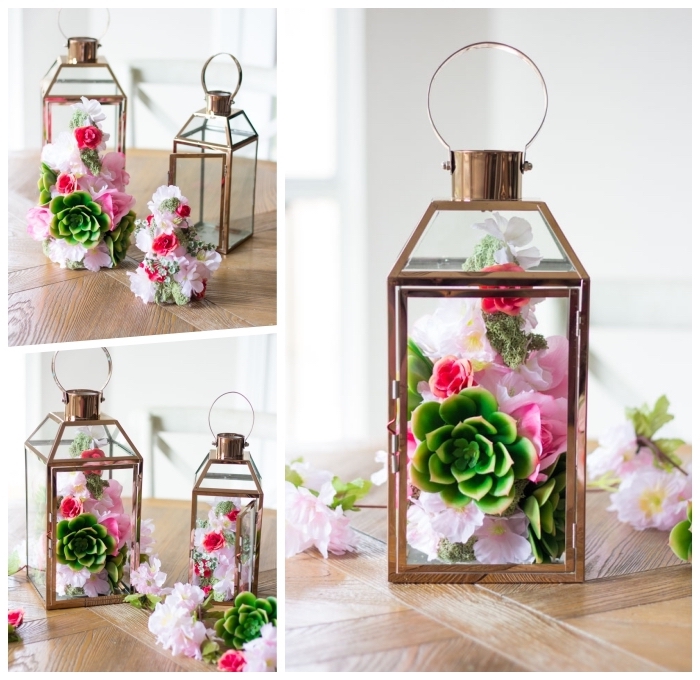 deko ideen selbst machen, große laternen aus glas und metall gefüllt mit sukkulenten und frühlingsblumen