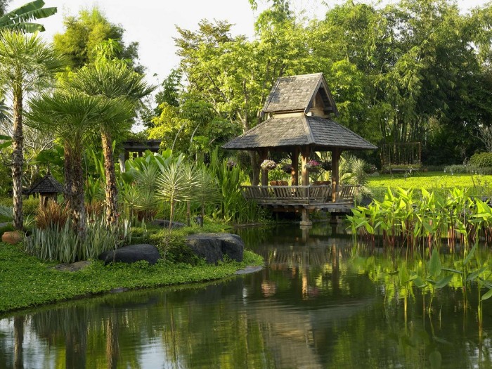 exotisches gartenhaus am see, tropisches klima, grüne pflanzen, häuschen zum entspannen
