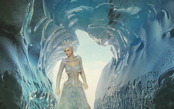 eine gefrorene Höhle, die Eiskönigin mit Krone aus Eis und ein weißes Kleid, schöne Profilbilder