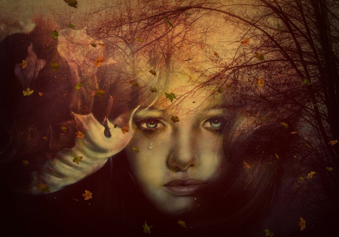 ein Mädchen mit Tränen in den Augen, coole Bilder, ein Wald im Herbst und viel Laub