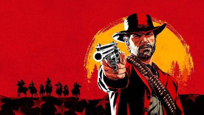 deutscher computerspielpreis, poster des spiels red dead redemption, ein cowboy mit einer grauen pistole, ein roter himmel und eine gelbe sonne und kleine schwarze pferde