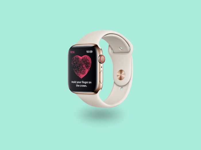 apple smartwatch mit ekg funktion, eine weiße armbanduhr mit einem schwarzen bildschirm mit einem großen roten herzen