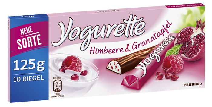 yogurette kuchen ideen zur gestaltung mit schokoladenriegeln, yogurette sorten mit himbeeren und granatapfel
