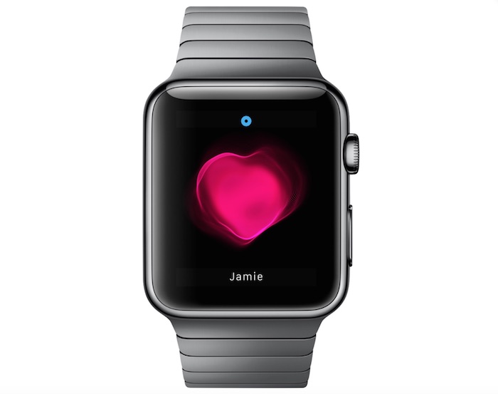 eine graue uhr mit einem schwarzen bildschirm und mit einem großen pinken herzen, eine apple smartwatch