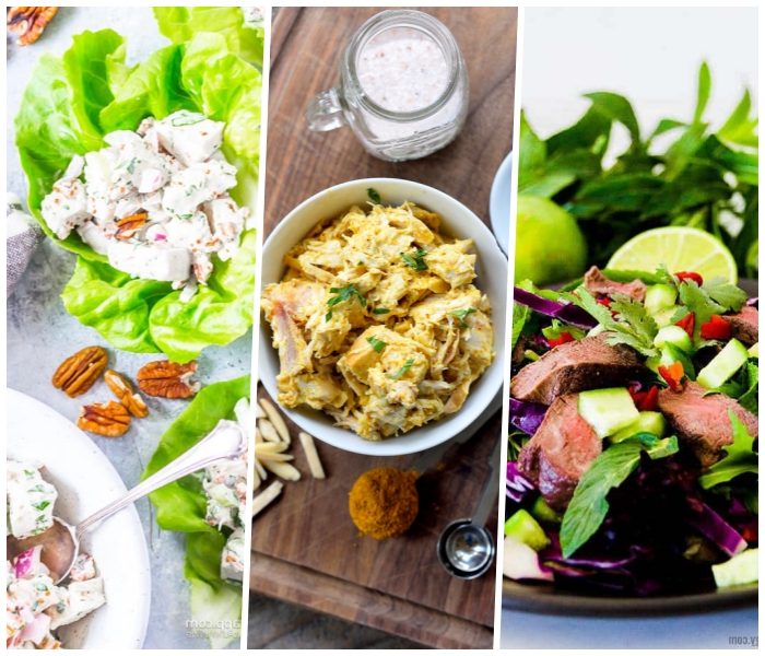 kohlenhydratfreies essen, salat mit fleisch und soße,grüne salatblätter, weiße soße, pekannüsse