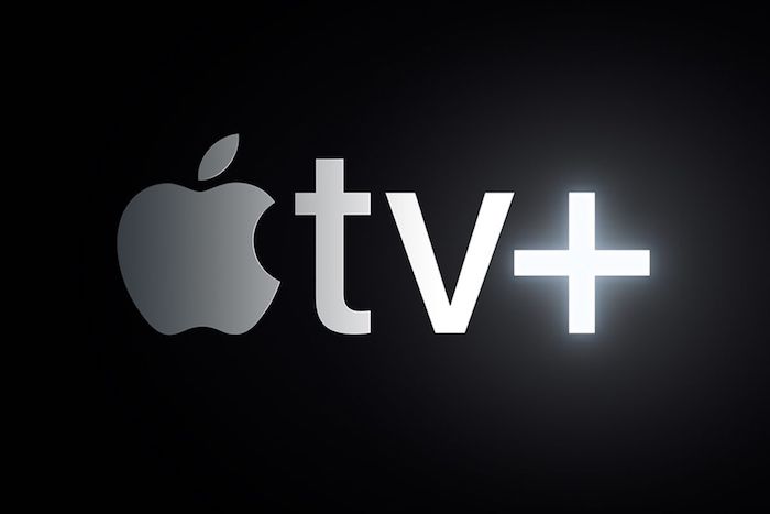 der logo von apple mit einem großen grauen apfel, logo von apple tv plus, neuer streamingdienst von apple