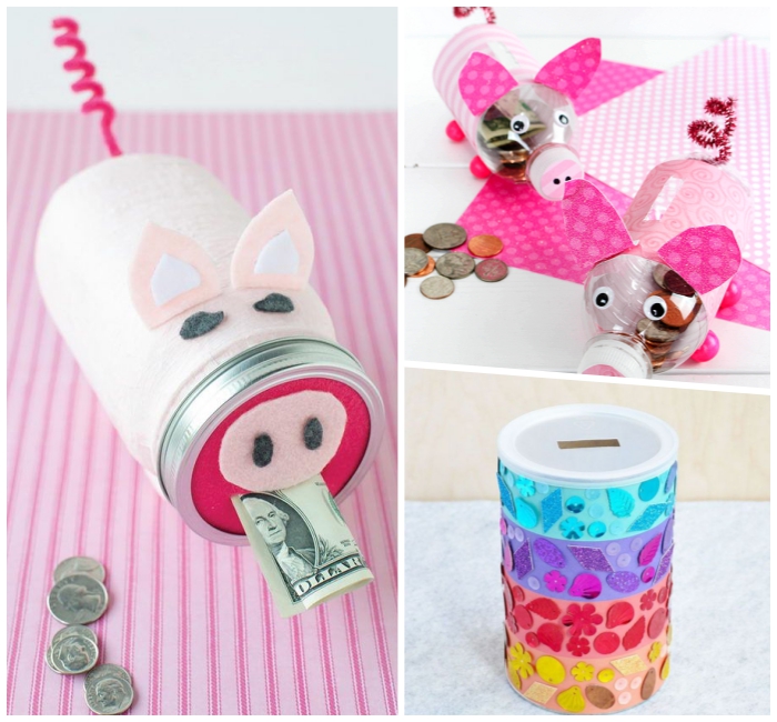 sparschwein aus einmachglas dekoriert mit rosa filzstoff, spardosen für kinder basteln aus plastikflaschen