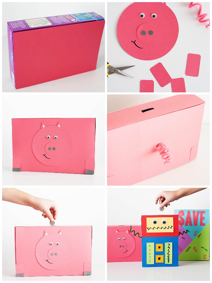 box aus pappe dekoriert mit rosa papier, sparschwein groß, schweinkopf aus bastelkarton