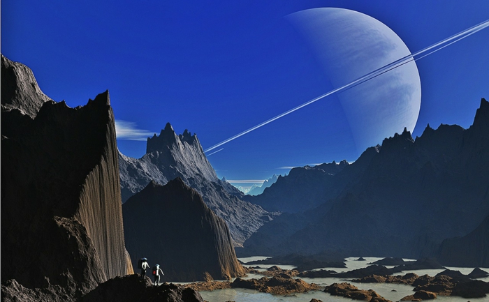 ein fantastisches Bild von Jupiter, eine Menge Bergen, und ein Planeten, zwei Raumfahrer
