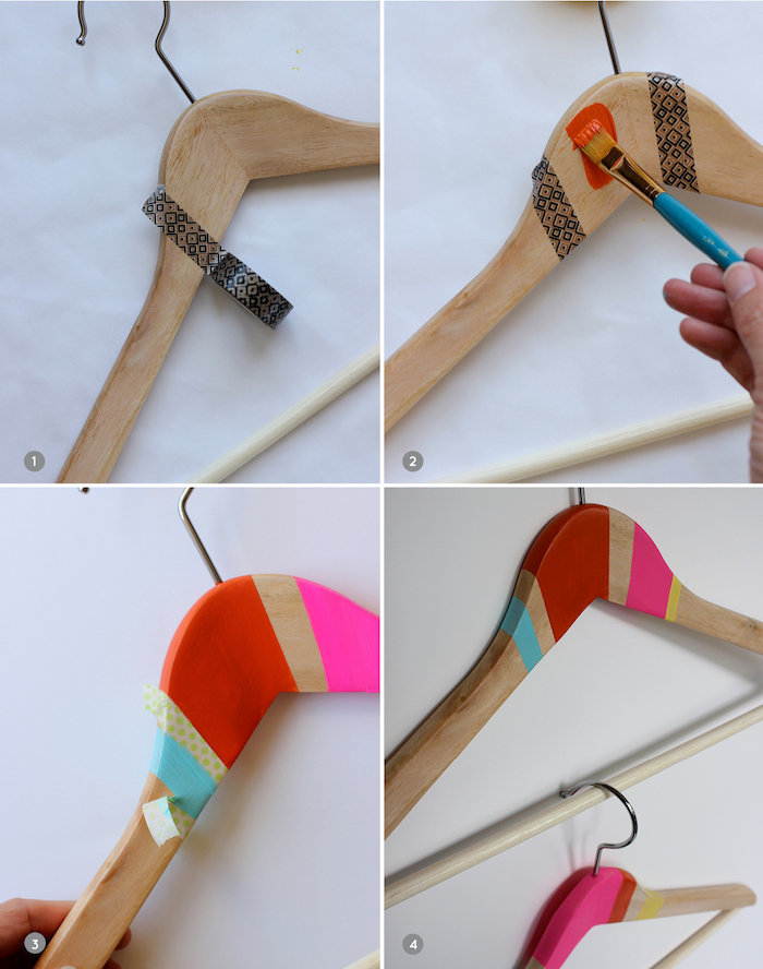 Kleiderbügel mithilfe Klebeband und Acrylfarben dekorieren, DIY Ideen zum Nachmachen 