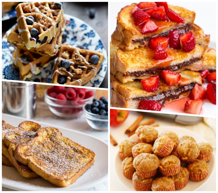 muffins mit zimt und kürbis, frühstück für gäste, waffeln mit blaubeeren, french toasts mit schokolade