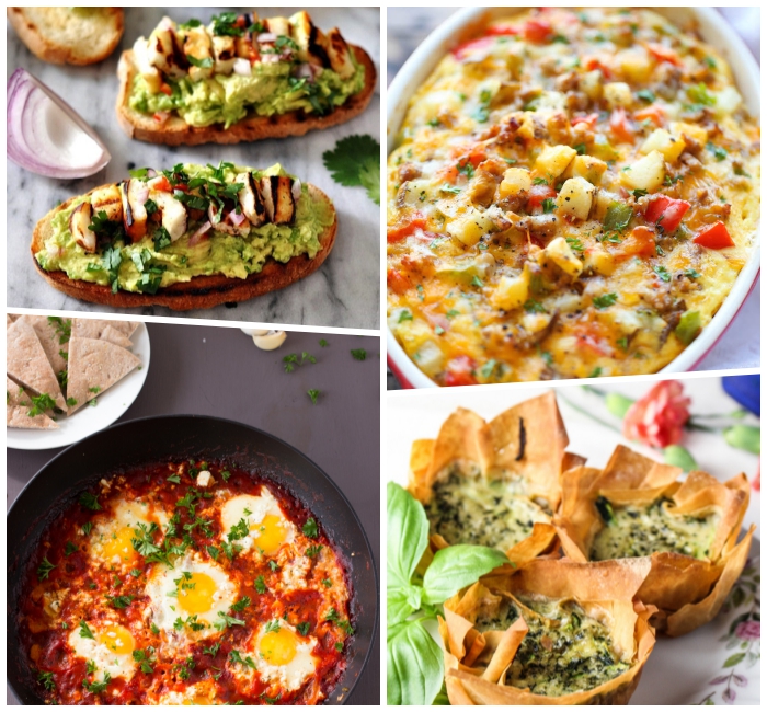 frühstücksbuffet ideen, brotscheiben mit avocado und eiern, kasserolle mit karstoffeln und käse, muffins mit spinat