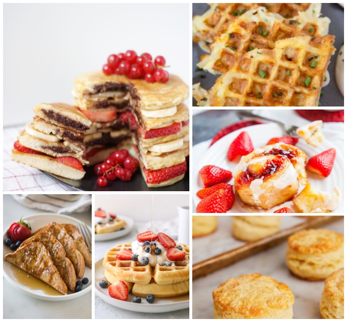 pfannkuchen torte mit frischkäse, erdbeerne und kirschen, frühstücksbuffet ideen, waffeln mit früchten, french toast