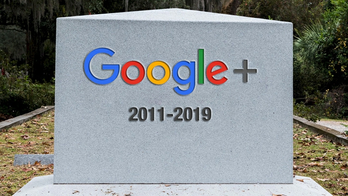 ein grauer Grabstein, das Logo von Google mit einem Plus, die Jahren von Bestehen von Google+