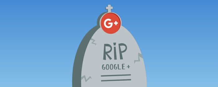 ein grauer Grabstein mit dem Logo von Google+, ein kleiner Kreuz wie Plus