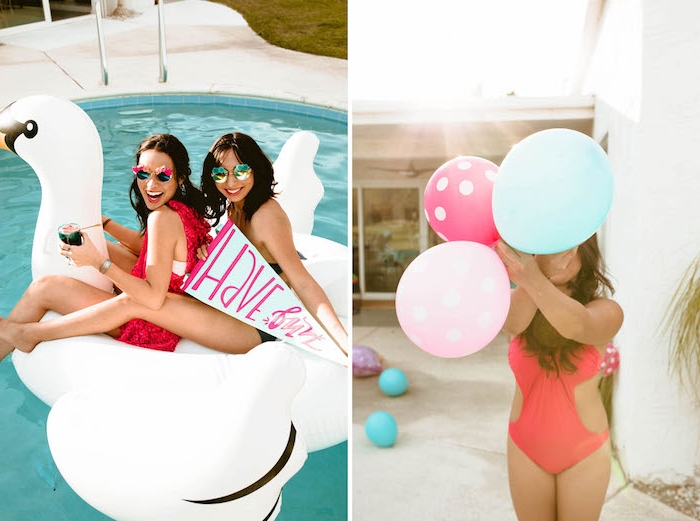 Pool Party mit Freundinnen, riesiger aufblasbarer Schwan, Bikini und Sonnenbrillen, bunte Ballons 