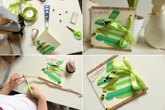 hase aus streifen grünem papier, karten basteln anleitung, hellgrüne schleife, basteln mit kindern