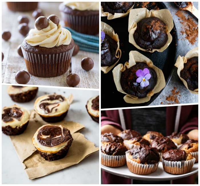 muffins rezept schoko, mini muffins mit schokolade garniert mit vanillencreme und schokoaldenperlen
