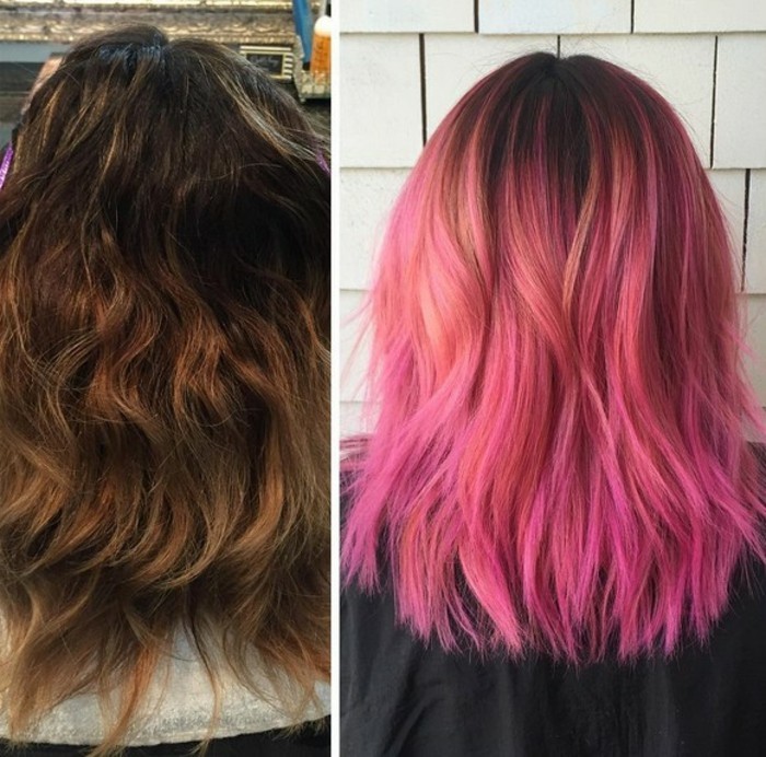 ombre balayage für brünetten, von braunhaarig rosarote haare gestalten, haarfarbe ausgefallen