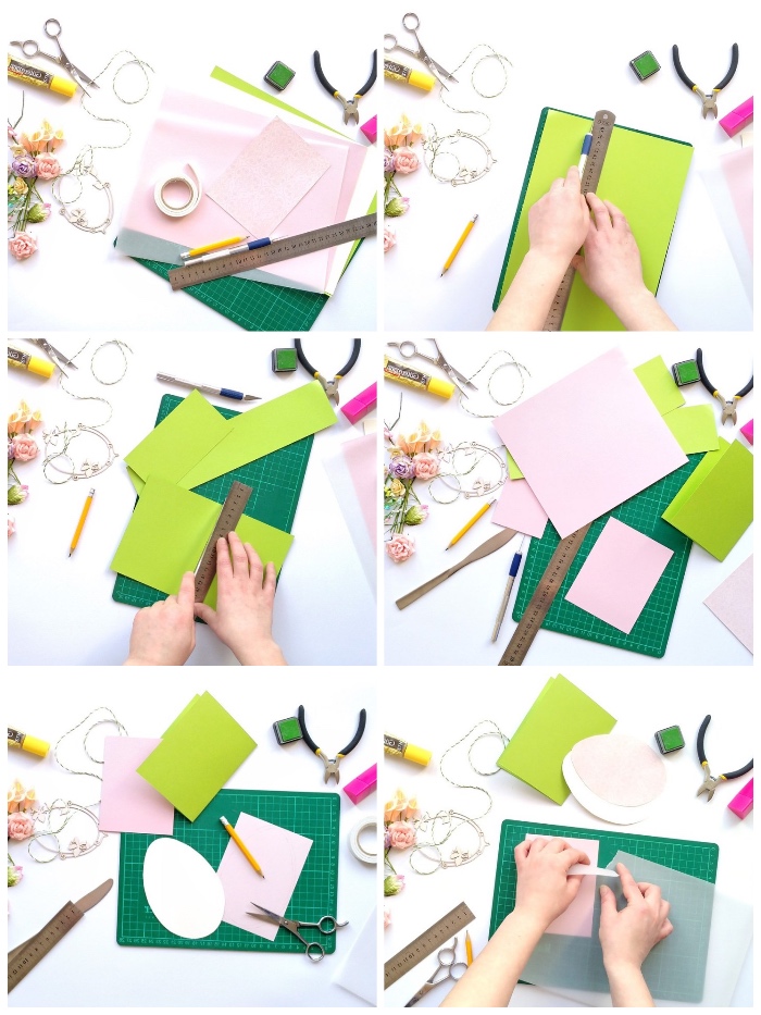 osterkarten basteln schritt für schritt, karte aus grünem papier, rosa ei