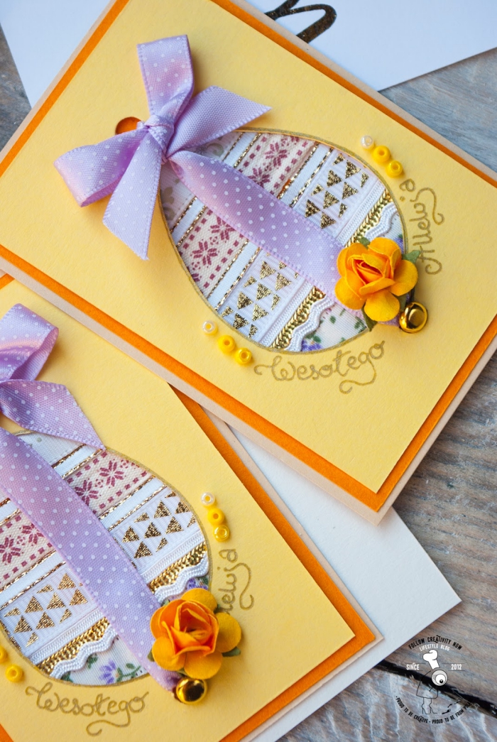 osterkarten gestalten, karten zum ostern selber basteln, lila schleife, orangenfarbene blüte
