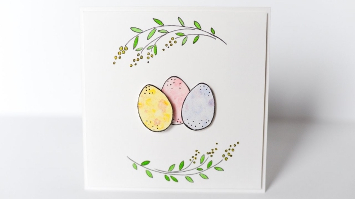 osterkarten selbst gestalten, karte zum ostern dekoriert mit floralen motiven und bunte eiern