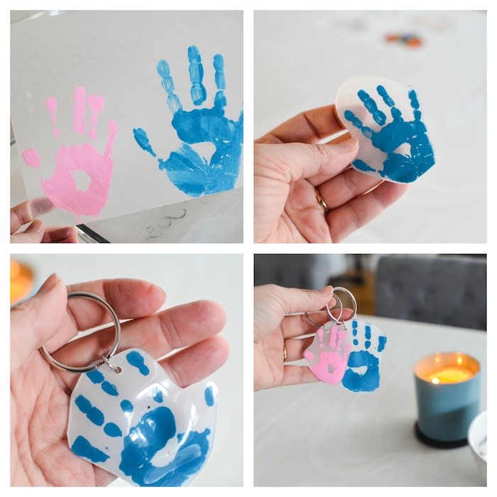 Schlüsselanhänger mit Handabdrücken selber machen, Ideen für Basteln mit Kindern 
