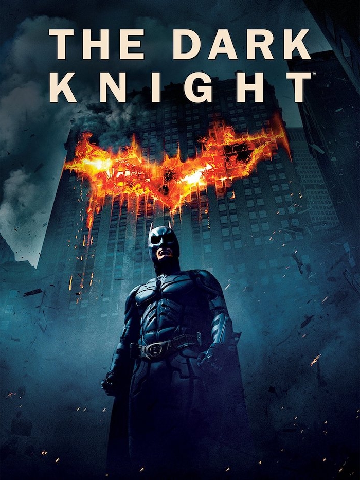 batman mit einem schwarzen kostüm für superhelden aus ledder und feuer, poster des films the dark knigt 