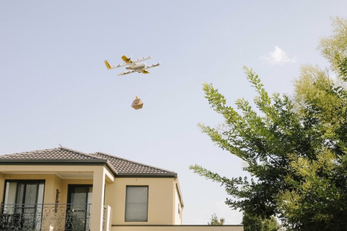 ein Haus, ein Baum, eine Drohne von Wing mit einem Päckchen, Wing Drohnen
