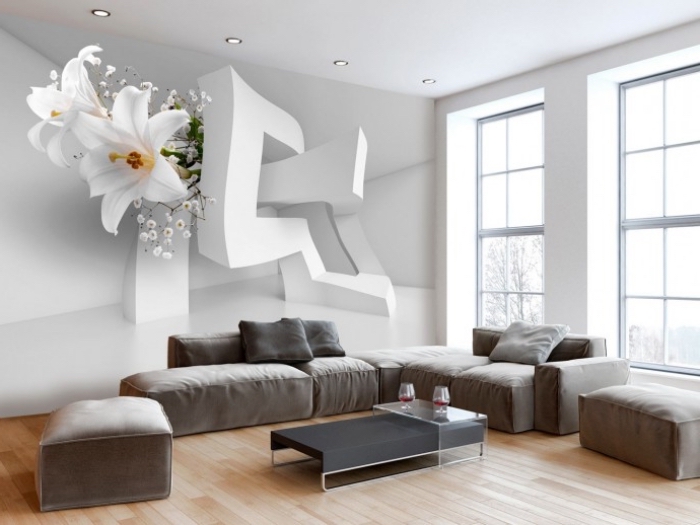 3d fototapete, geometrische elemente und lilien, weiße blumen, wanddeko wohnzimmer ideen, graues sofa, parkett