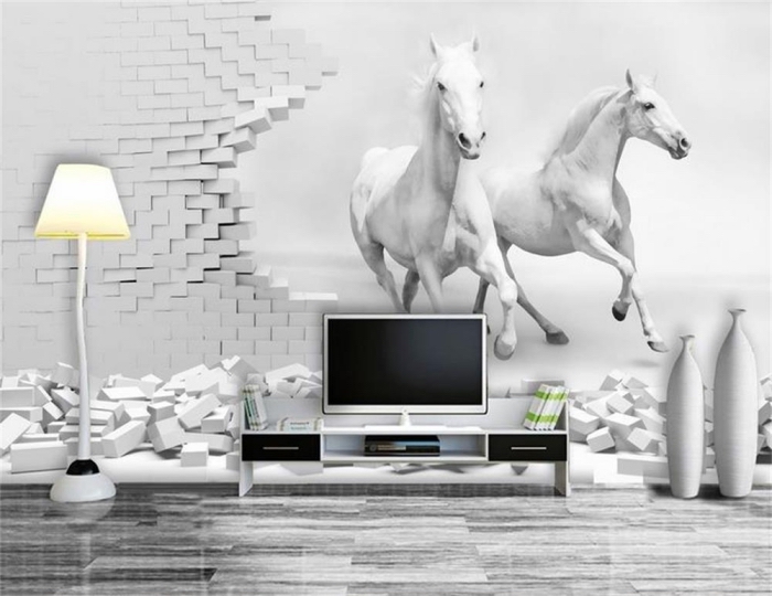 3d fototapete, zwei rennende weiße pferde, hohe lampe, wanddeko wohnzimmer ideen, wohnzimmergestaltung
