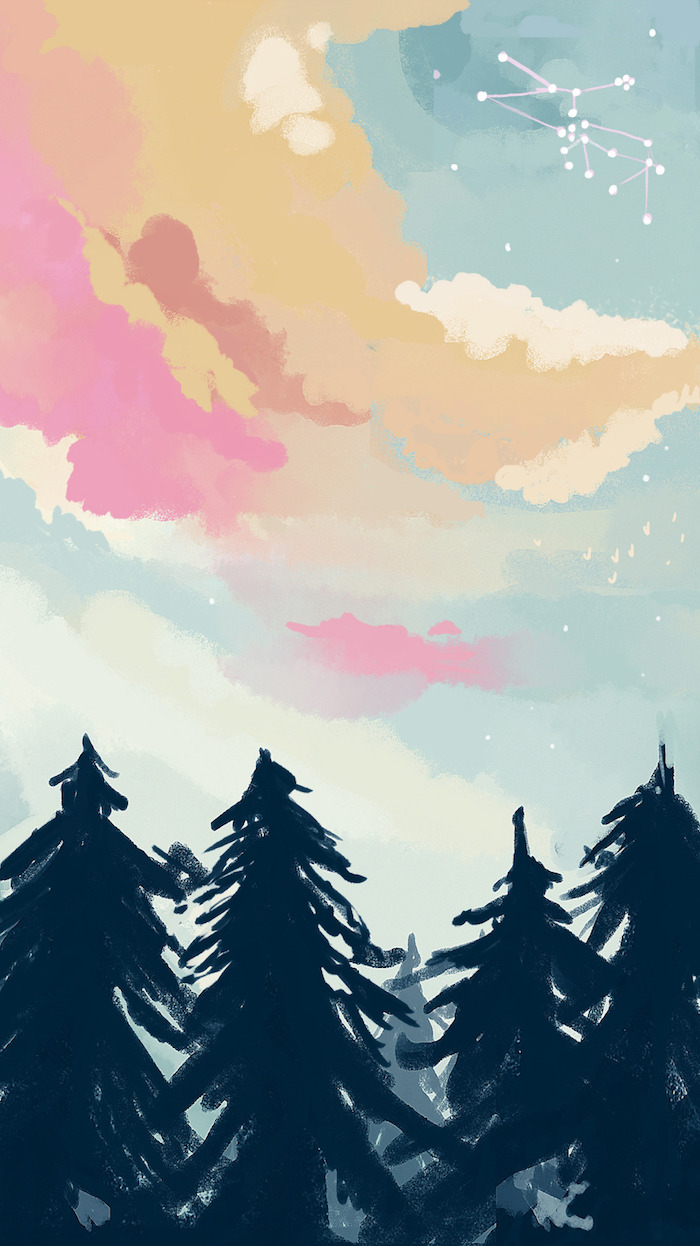 tumblr iphone backgrounds, bild malen, bunter himmel, bäume unten
