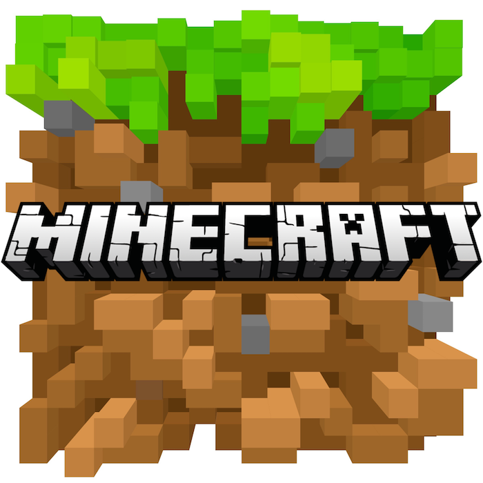 viele kleine braune und grüne blöcke, der logo des spiels minecraft, die ur-version des spiels