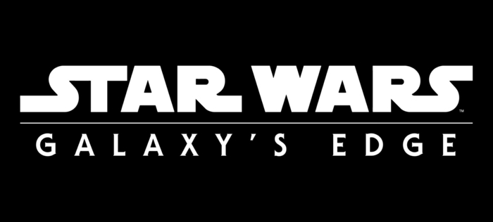 Star Wars Galaxys Edge Logo, den neuen Themenpark von Disneyland, schwarzer Hintergrund, weiße Buchstaben