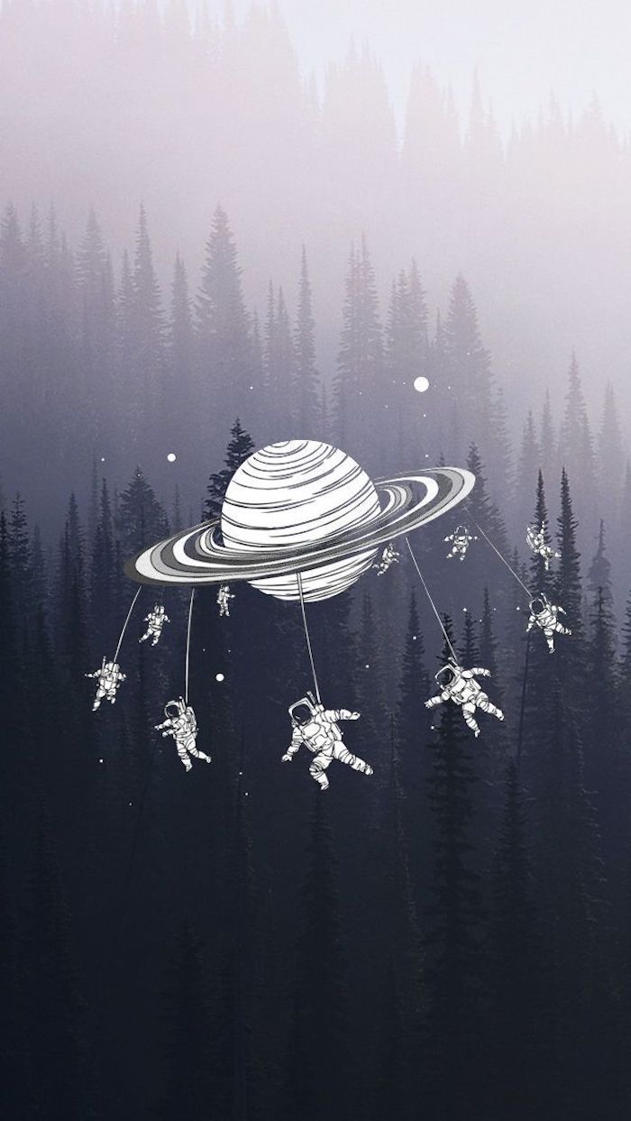 tumblr iphone backgrounds, eine planet und viele kleine kosmonauten daran angehängt