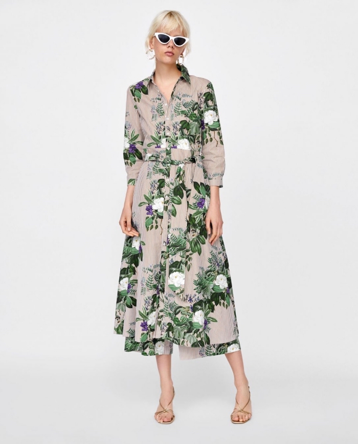 mode für frauen 2019, sommermode für damen, langes kleid mit floralem motiv, weiße sonnenbirlle