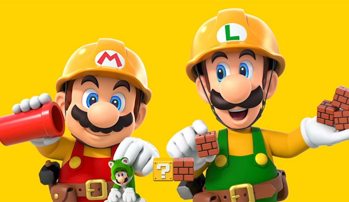 Super Mario und Luigi tragen Baumaterialen in dem Nintendo Spiel Super Mario Maker II