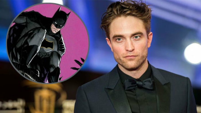 ein Foto von Robert Pattinson in schwarz gekleidet und Zeichnung von Batman in Cape