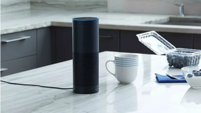 ein Amazon Echo in schwarzer Farbe auf einer Küchentisch, Geräte für einem Smart Home