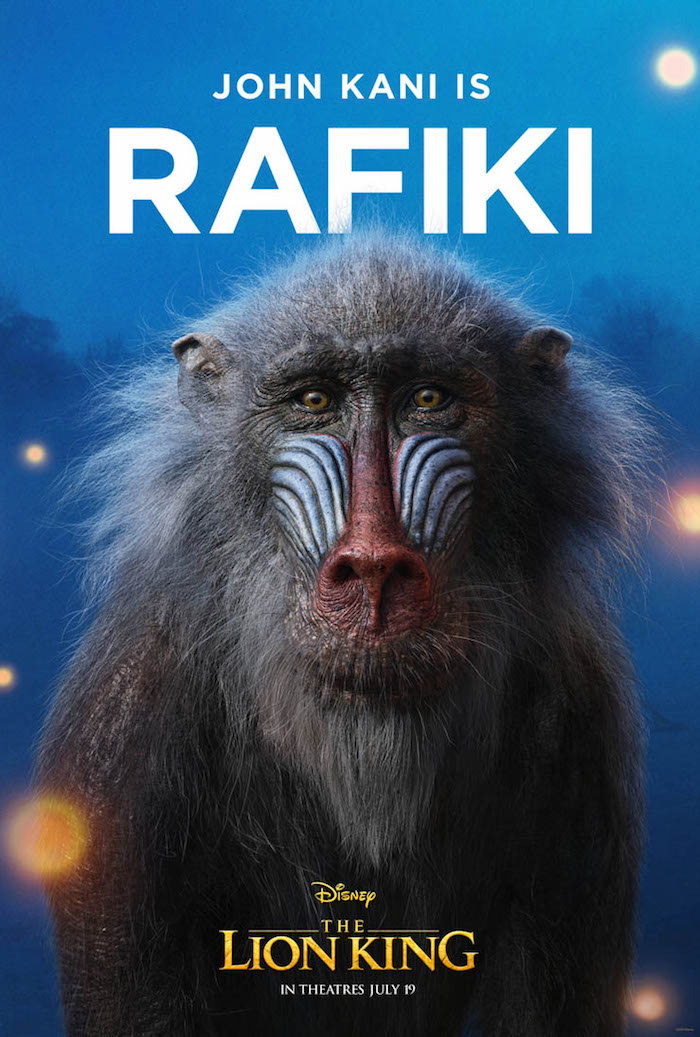 Can You Feel The Love Tonight, der graue alte pavian namens rafiki, ein poster von dem könig der löwen movie, bäume und blauer himmel