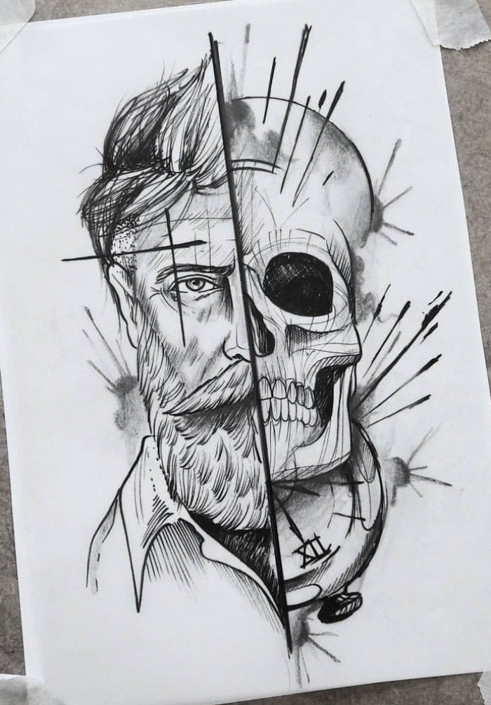 bilder selber malen ideen, mann mit langem bart, schwarz graue zeichnung, totenkopf, tattoo motive für männer