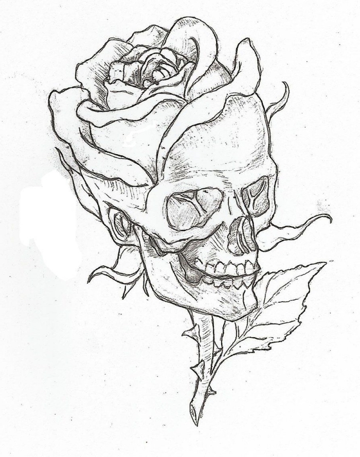 schädel in kombination mit großer rose, bilder selber malen, tattoo motive ideen, vorlage