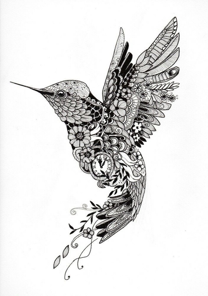 bilder selber malen, detaillierte zeichnung, kolibri zeichnen, kleine blüten, feligender vogel, uhr