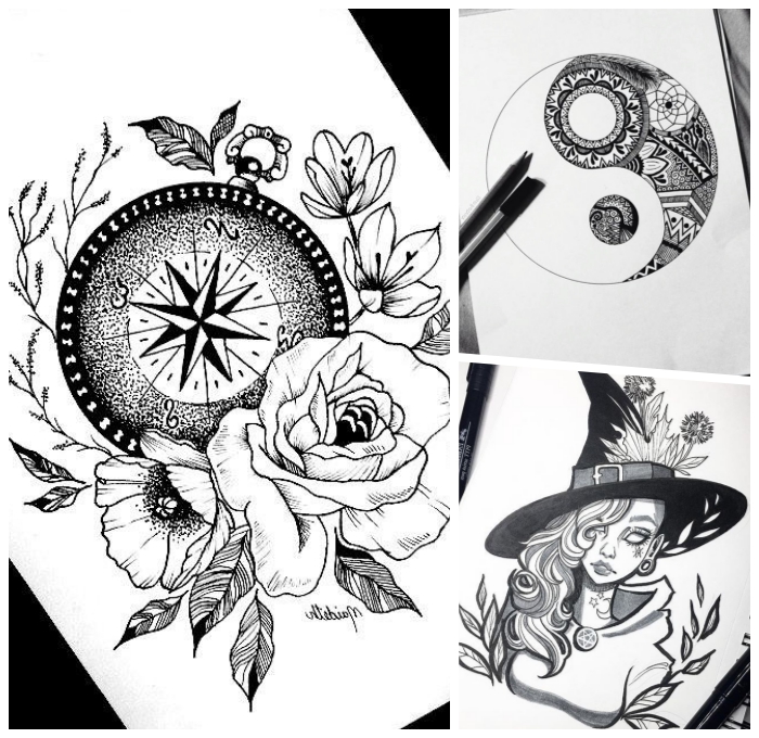 bilder zum malen ideen, kompass in kombination mit blumen, frau mit lockige haare, hexe, tattoo vorlagen